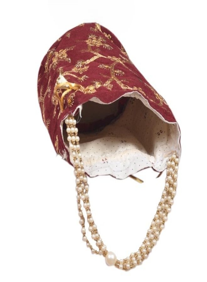 SuneshCreation Pearl Handle Drawstring Potli Bag with Gold Floral Embroidery, Traditional Evening Purse (maroon) - Image 4